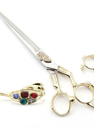 Schneideschere | 7 Zoll |  18 cm | gerade | hochglanz silber | bunte Steine |  goldener Griff