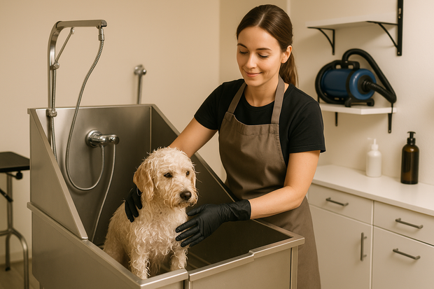 Groomer im Salon mit Hundebadewanne